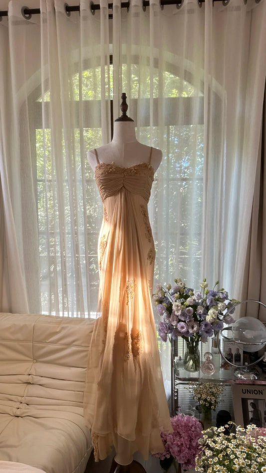 Modest Mermaid Spaghetti Strap Gold Chiffon Floor Length Sleeveless Formal Gown Evening Prom Dresses MP1064