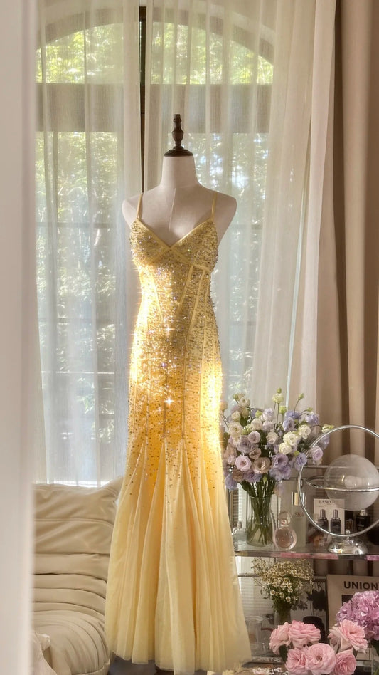 Vintage Mermaid Spaghetti Strap Yellow With Beading Formal Gown Long Evening Prom Dresses MP1068
