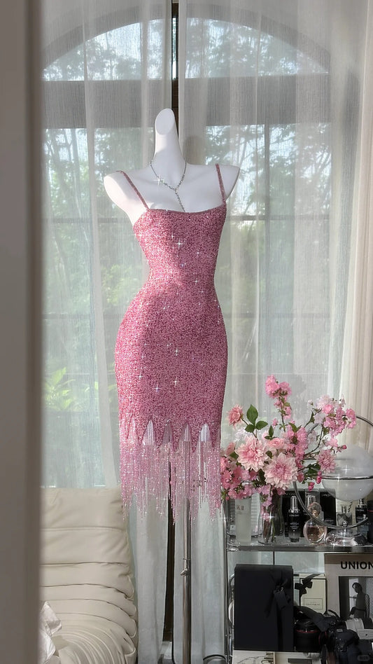 Sparkly Sheath Spaghetti Strap Pink Short Graduation Homecoming 15th Birthday Outfits MP949