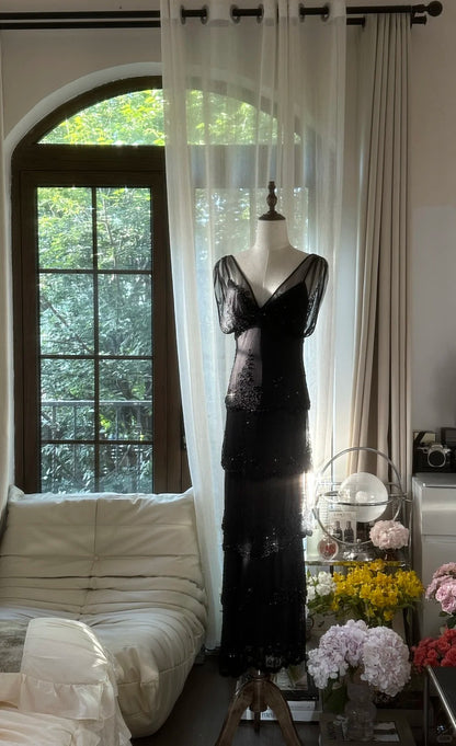 Modest Sheath V Neck Black Tie Dress Chiffon Floor Length Sleeveless Formal Gown Evening Prom Dresses MP1071