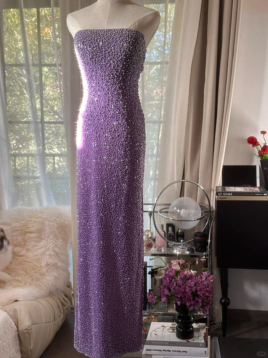 Modest Sheath Strapless Lilac Sequin Floor Length Sleeveless Formal Gown Evening Prom Dresses MP1079