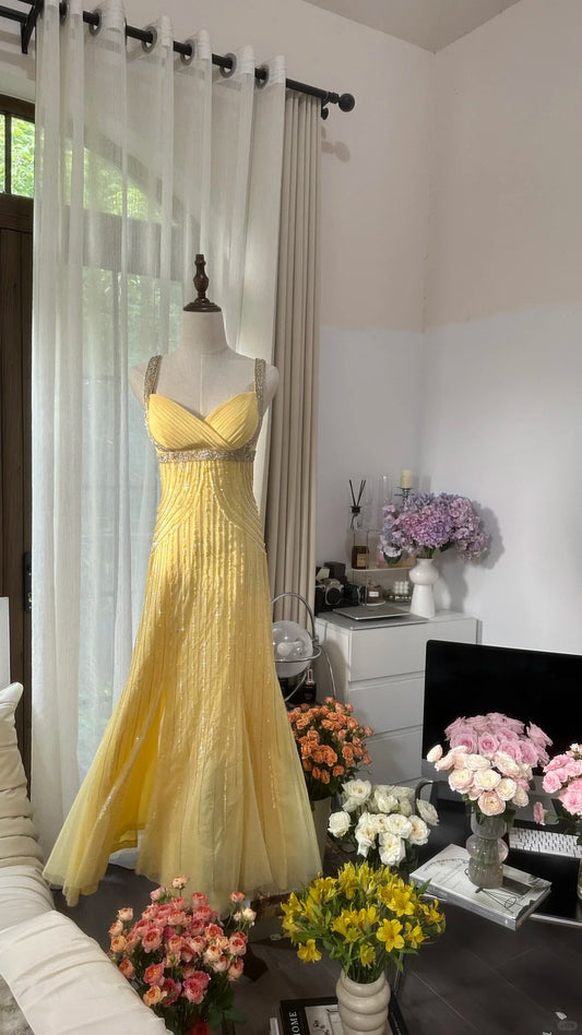 Vintage Mermaid Sweetheart Yellow Backless Chiffon With Beading Formal Gown Long Evening Prom Dresses MP1073