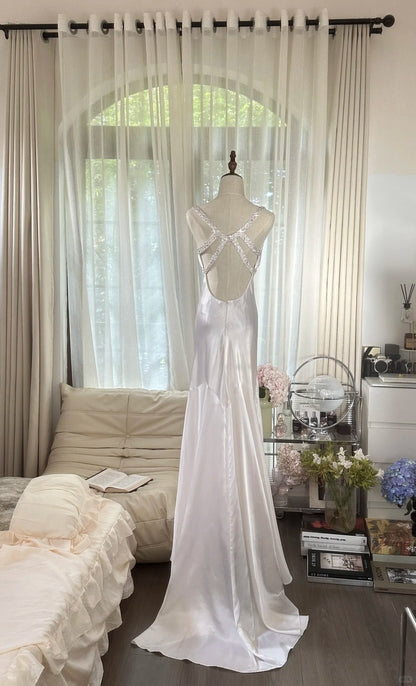 Robe de soirée longue Modest Mermaid, dos nu, en satin blanc, bretelles spaghetti, sans manches, MP1076