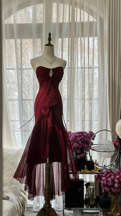 Trendy Mermaid Sweetheart Burgundy Sleeveless Formal Outfits Tea Length Prom Dresses M5P1109