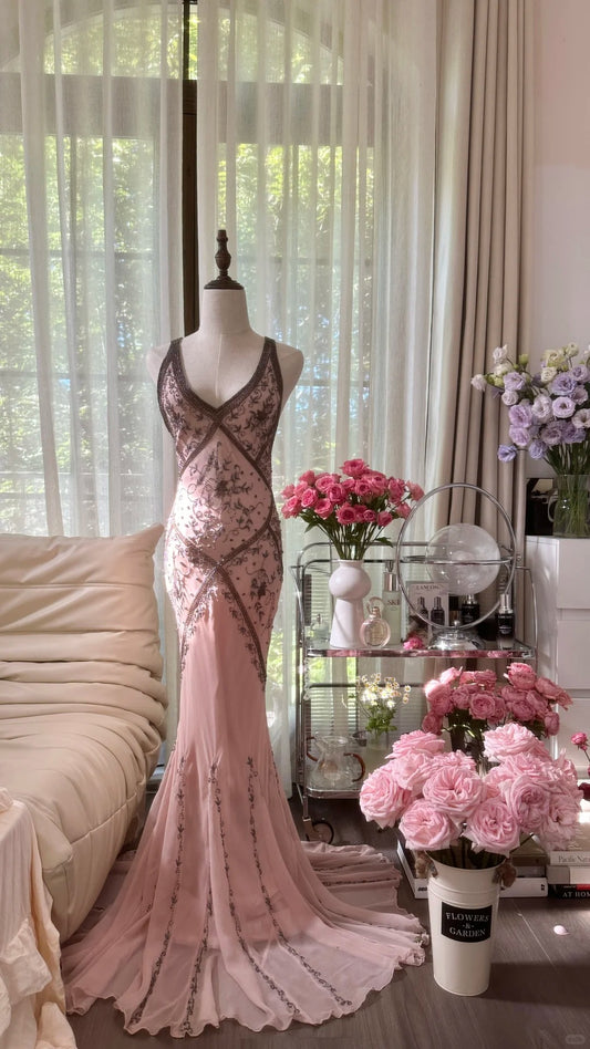 Modest Mermaid V Neck Pink Backless Chiffon Floor Length Sleeveless Formal Gown Evening Prom Dresses MP1075