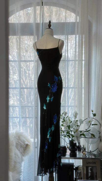 Bescheidenes Meerjungfrauen-Spaghetti-Träger-Kleid aus schwarzem Chiffon mit Perlenverzierung, bodenlang, Abendkleid, Ballkleid MP1042