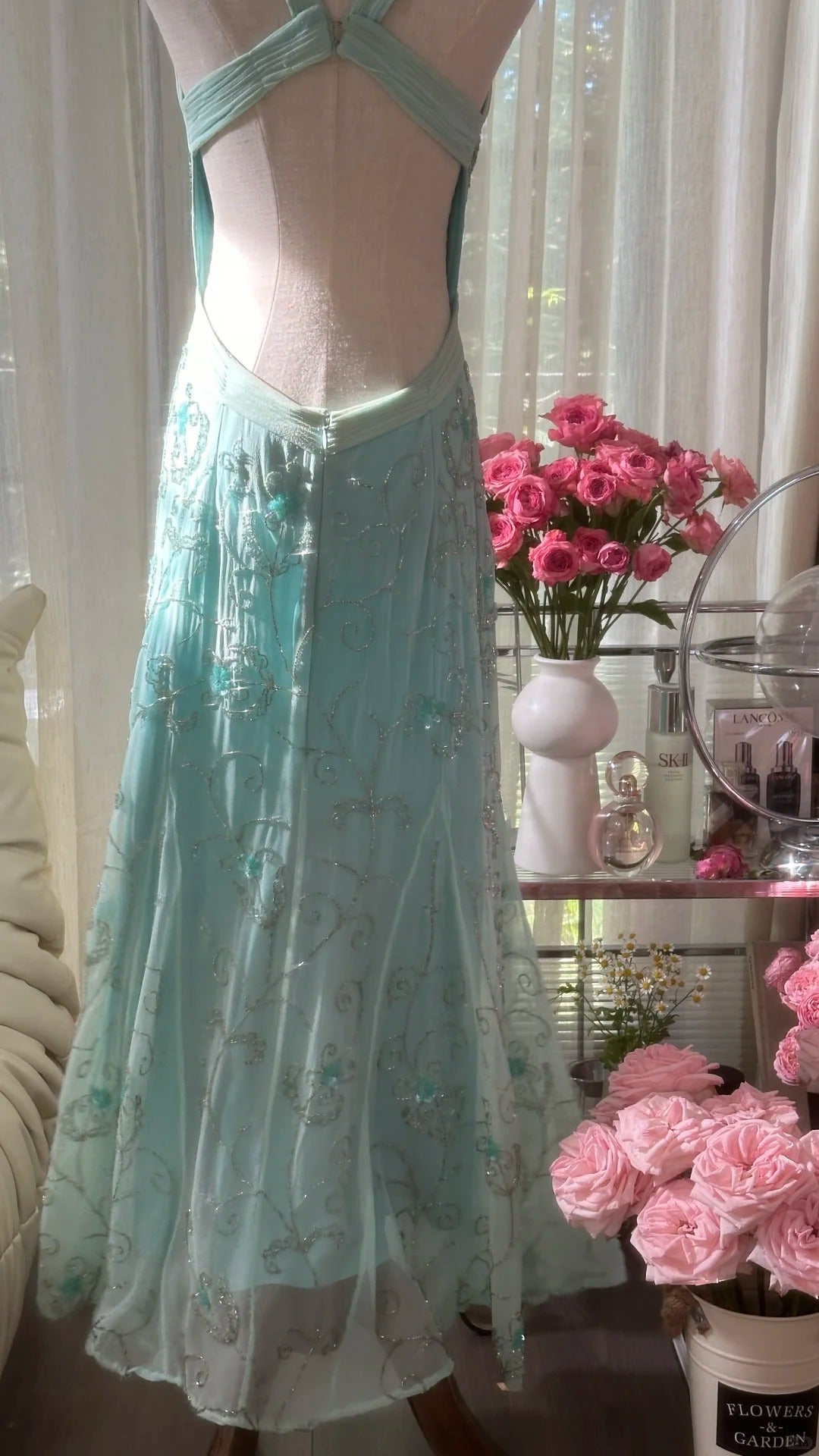 Bescheidene Meerjungfrau-Herz-Ausschnitt-blaues rückenfreies Chiffon-bodenlanges ärmelloses Abendkleid Ballkleider MP1065