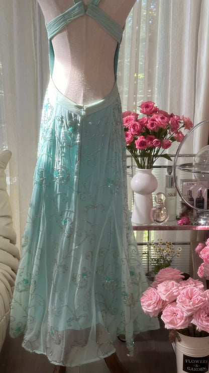 Bescheidene Meerjungfrau-Herz-Ausschnitt-blaues rückenfreies Chiffon-bodenlanges ärmelloses Abendkleid Ballkleider MP1065