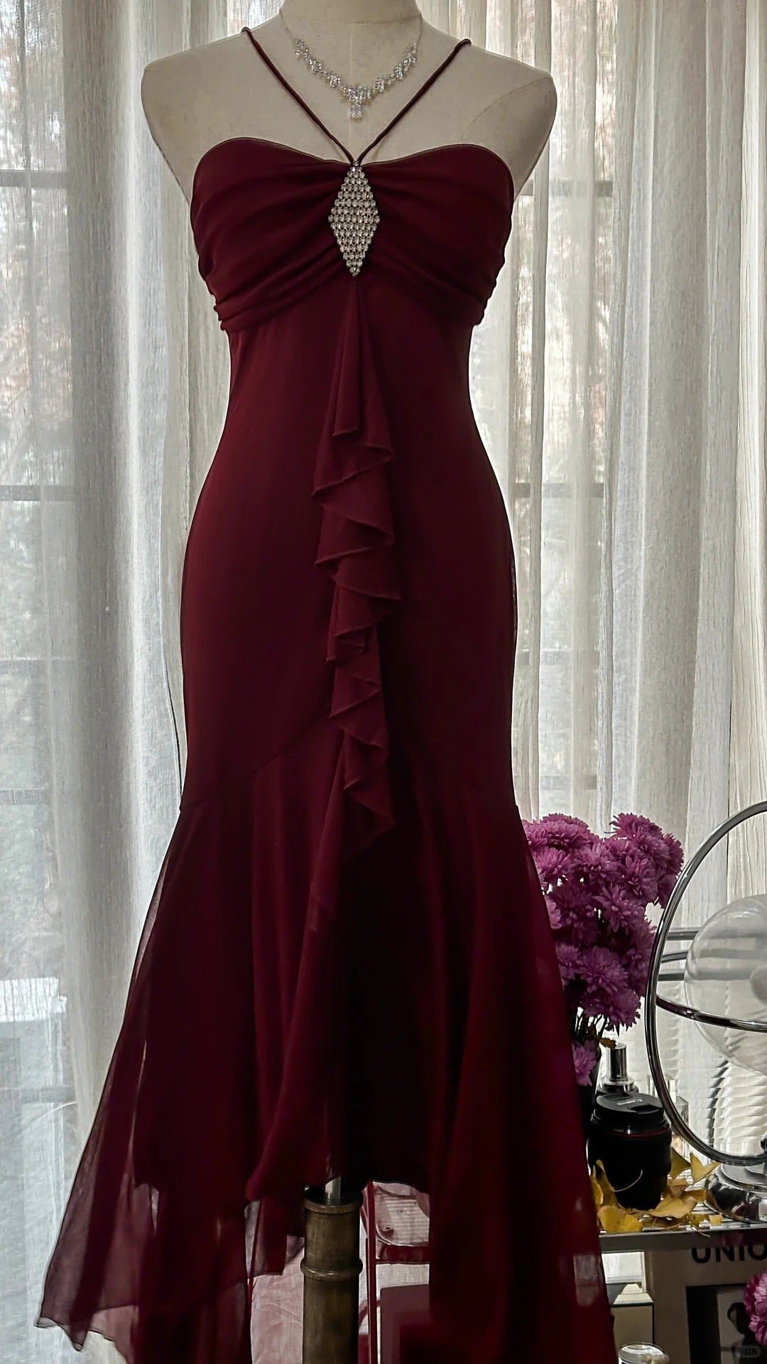Trendy Mermaid Sweetheart Burgundy Sleeveless Formal Outfits Tea Length Prom Dresses M5P1109