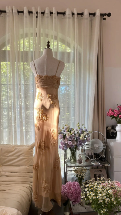 Modest Mermaid Spaghetti Strap Gold Chiffon Floor Length Sleeveless Formal Gown Evening Prom Dresses MP1064
