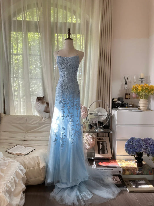 Vintage Mermaid Spaghetti Strap Light Sky Blue Backless Lace Formal Gown Long Evening Night Prom Dresses MP1067