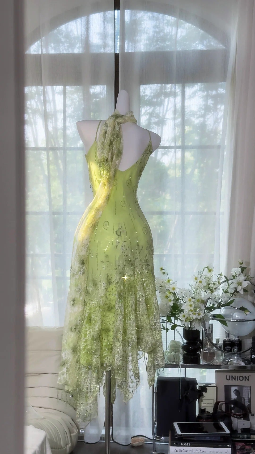 Elegantes Meerjungfrau Spaghetti-Träger Chiffon Grün Mit Schal Ärmellose Ballkleider MP966