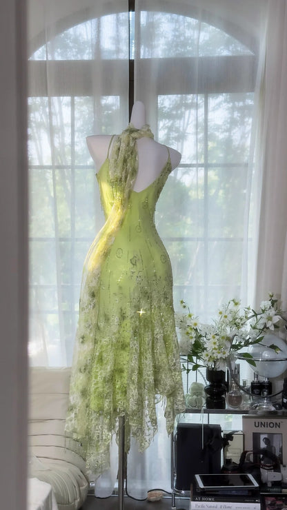 Elegantes Meerjungfrau Spaghetti-Träger Chiffon Grün Mit Schal Ärmellose Ballkleider MP966