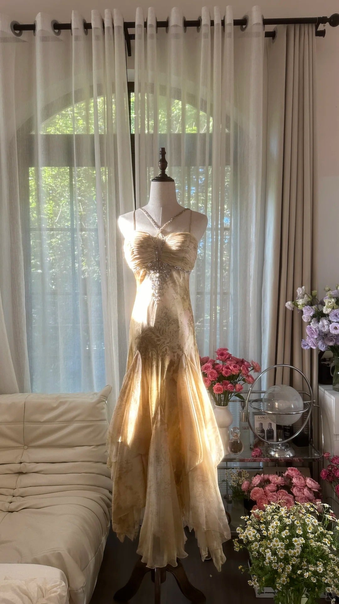 Vintage Mermaid Spaghetti Strap Chiffon With Beaded Gold Formal Gown Long Evening Night Prom Dresses MP1066