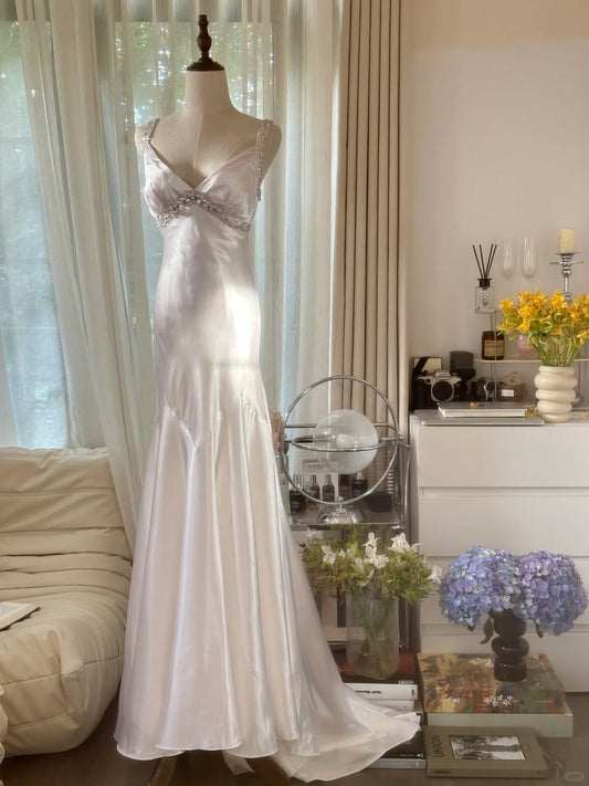 Modest Mermaid Spaghetti Strap White Satin Backless Floor Length Sleeveless Formal Gown Evening Prom Dresses MP1076