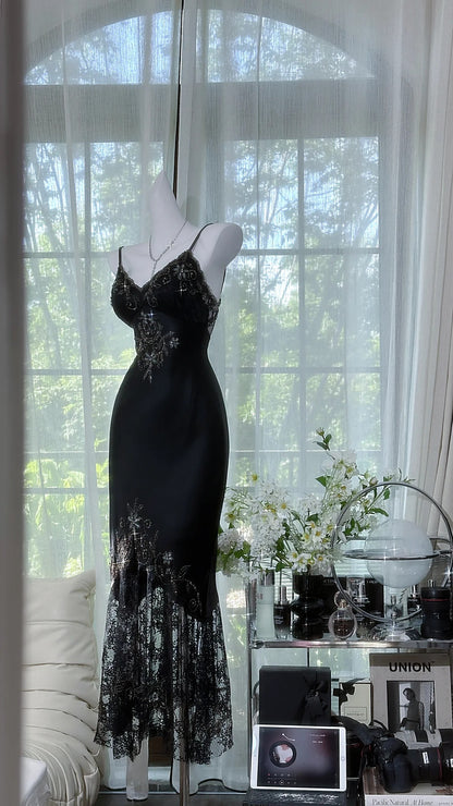 Classy Mermaid Spaghetti Strap Black Chiffon With Beaded Sleeveless Mid Length Prom Dresses MP952