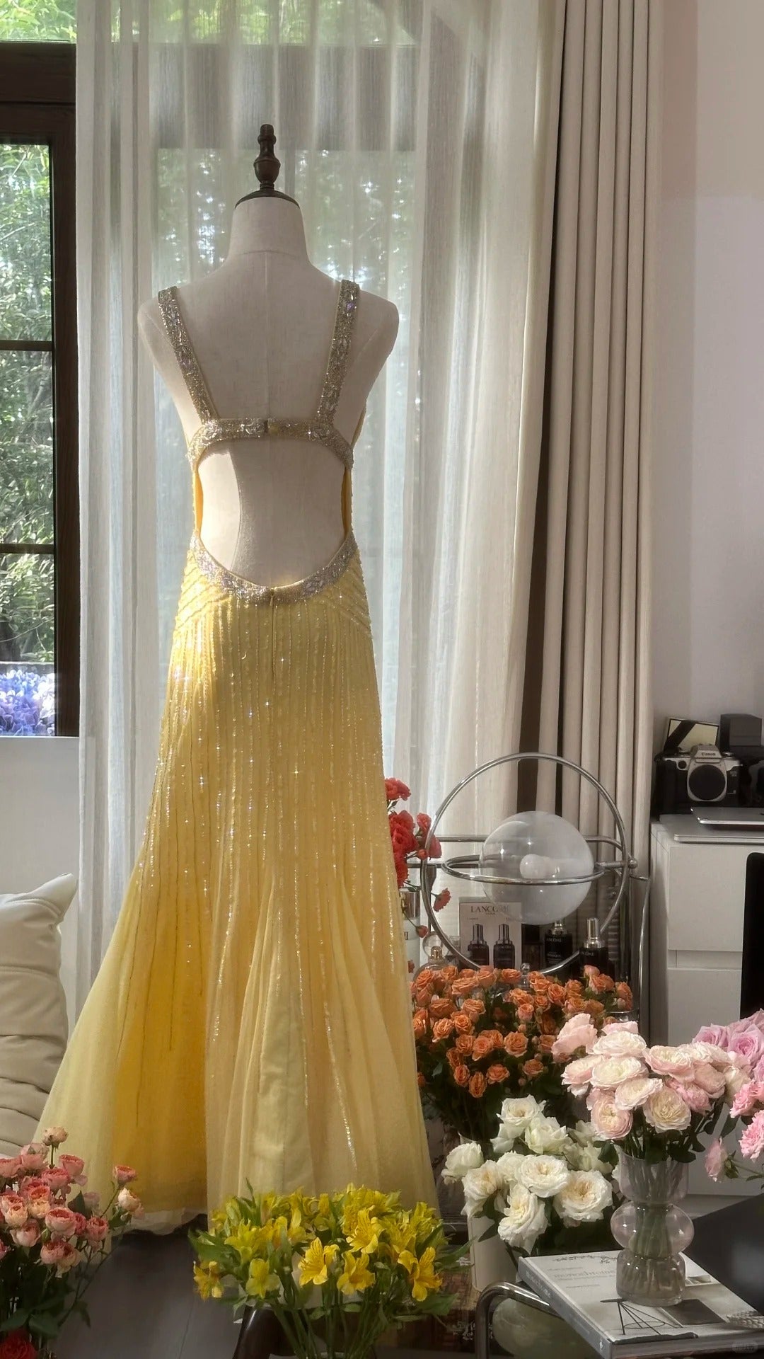 Vintage Meerjungfrau Sweetheart Gelb Rückenfrei Chiffon mit Perlen Abendkleid Lang Ballkleid MP1073