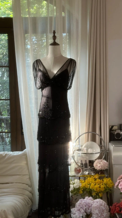 Modest Sheath V Neck Black Tie Dress Chiffon Floor Length Sleeveless Formal Gown Evening Prom Dresses MP1071