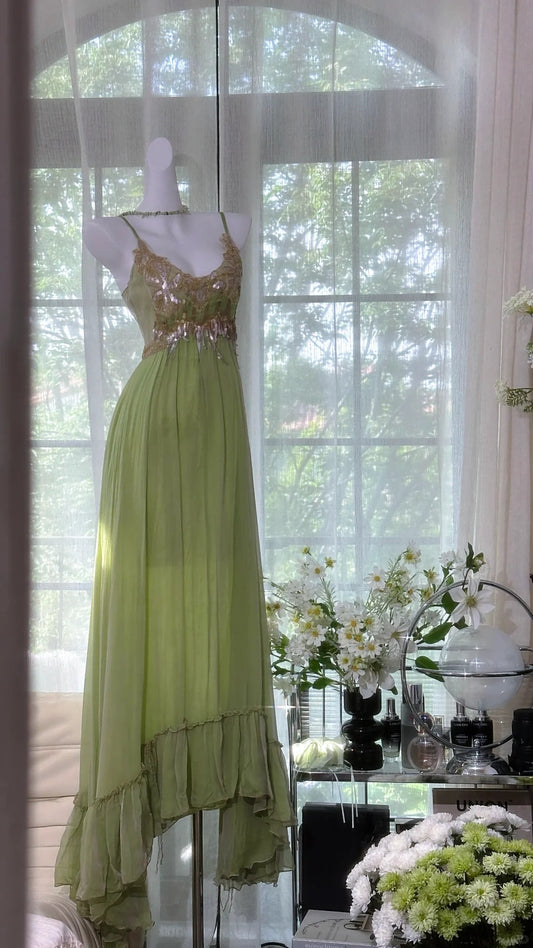 Classy Mermaid Spaghetti Strap Chiffon Green With Lace Sleeveless Long Prom Dresses MP965