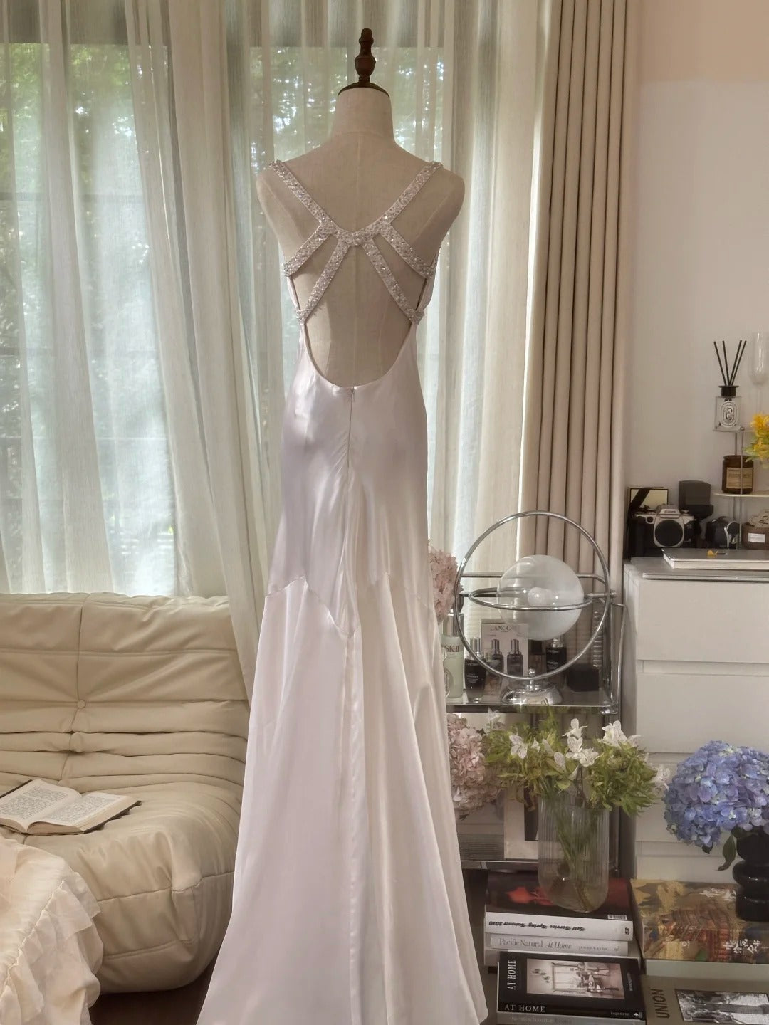 Robe de soirée longue Modest Mermaid, dos nu, en satin blanc, bretelles spaghetti, sans manches, MP1076