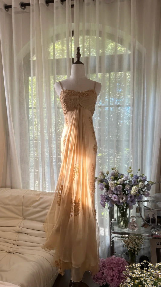Modest Mermaid Spaghetti Strap Gold Chiffon Floor Length Sleeveless Formal Gown Evening Prom Dresses MP1064