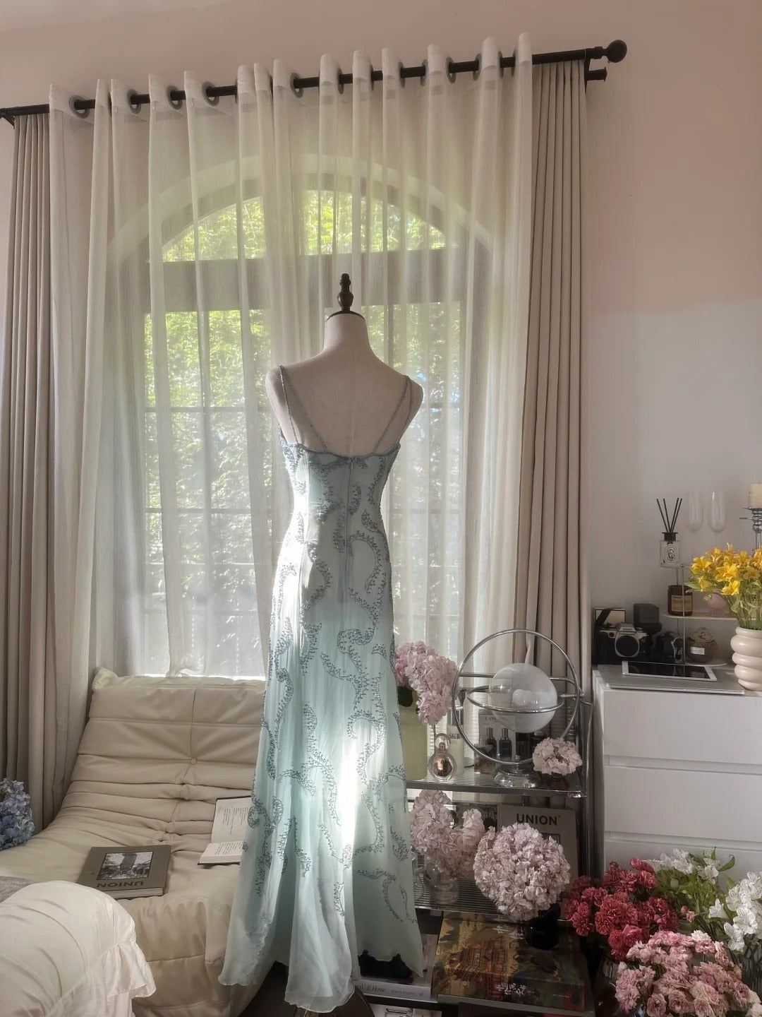 Vintage Mermaid Spaghetti Strap Light Sky Blue Chiffon With Beading Formal Gown Long Evening Prom Dresses MP1072