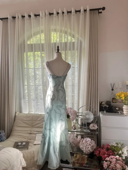 Vintage Mermaid Spaghetti Strap Light Sky Blue Chiffon With Beading Formal Gown Long Evening Prom Dresses MP1072