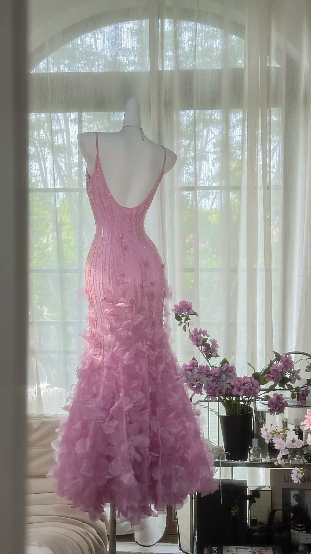 Elegantes Meerjungfrauen-Abendkleid mit Spaghettiträgern, rosa, ärmellos, Ballkleid MP980