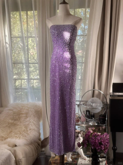 Schlichtes Etui-Abendkleid, schulterfrei, fliederfarben, mit Pailletten, bodenlang, ärmellos, für Abschlussball und festliche Anlässe MP1079