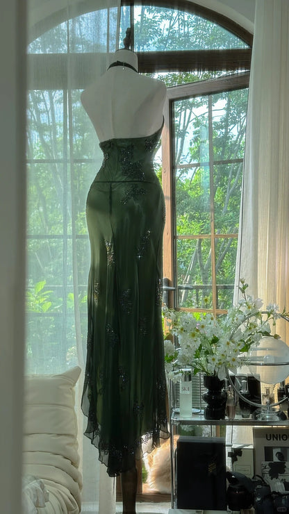 Élégante robe de bal longue en mousseline vert sirène avec dos nu et perles argentées MP956