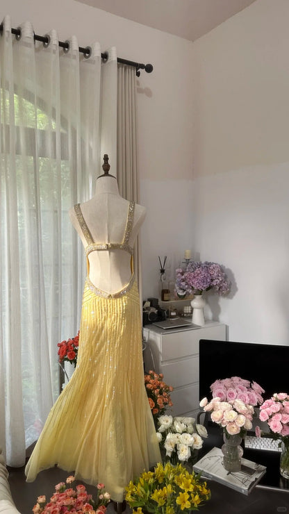 Vintage Meerjungfrau Sweetheart Gelb Rückenfrei Chiffon mit Perlen Abendkleid Lang Ballkleid MP1073