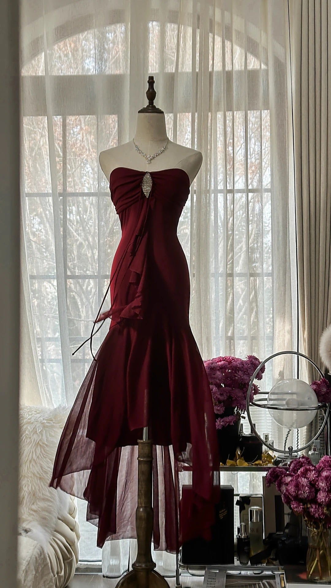 Trendy Mermaid Sweetheart Burgundy Sleeveless Formal Outfits Tea Length Prom Dresses M5P1109