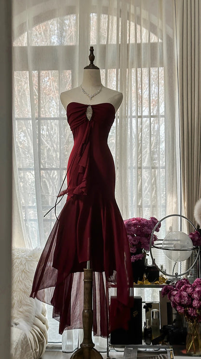 Trendy Mermaid Sweetheart Burgundy Sleeveless Formal Outfits Tea Length Prom Dresses M5P1109