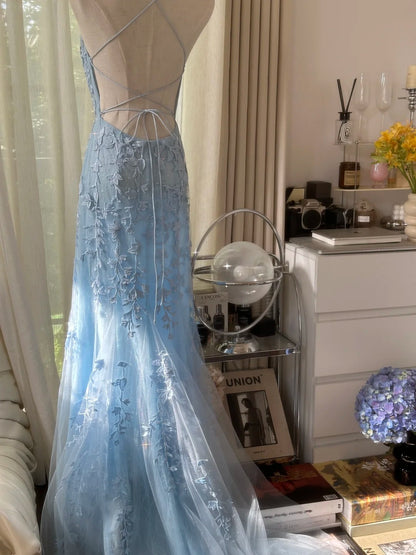 Vintage Mermaid Spaghetti Strap Light Sky Blue Backless Lace Formal Gown Long Evening Night Prom Dresses MP1067