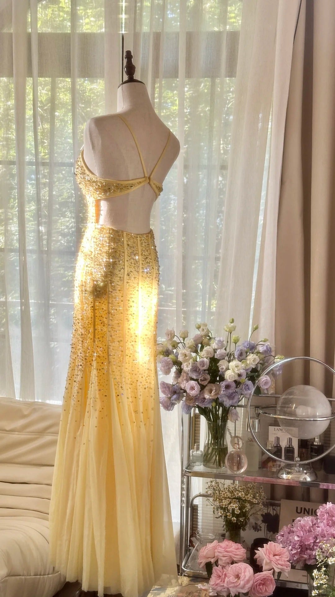 Robe De Soirée Longue Formelle Jaune Sirène Vintage À Bretelles Fines Avec Perles MP1068