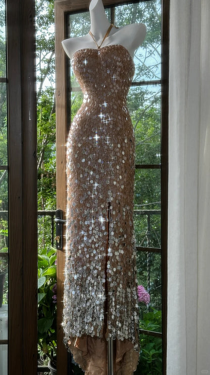 Elegantes Meerjungfrau Halter Champagner Pailletten Perlen Ärmelloses Bodenlanges Ballkleid MP958