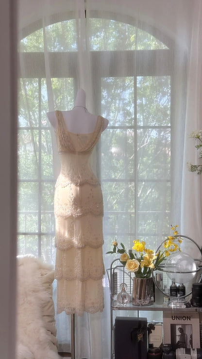 Vintage Mermaid V Neck Ivory Lace Formal Gown With Beading Evening Night Long Prom Dresses MP995