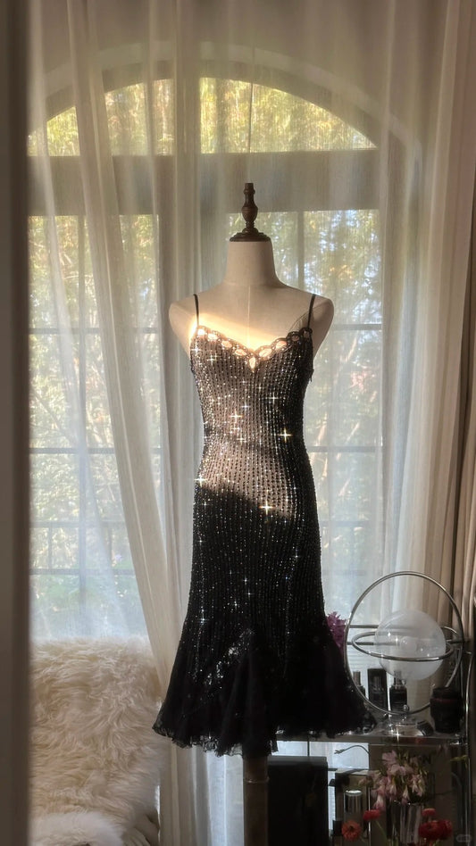 Glitzer Homecoming Kleider Meerjungfrau Spaghettiträger Schwarz Knielang Cocktail Abschlussball Outfits MP1136