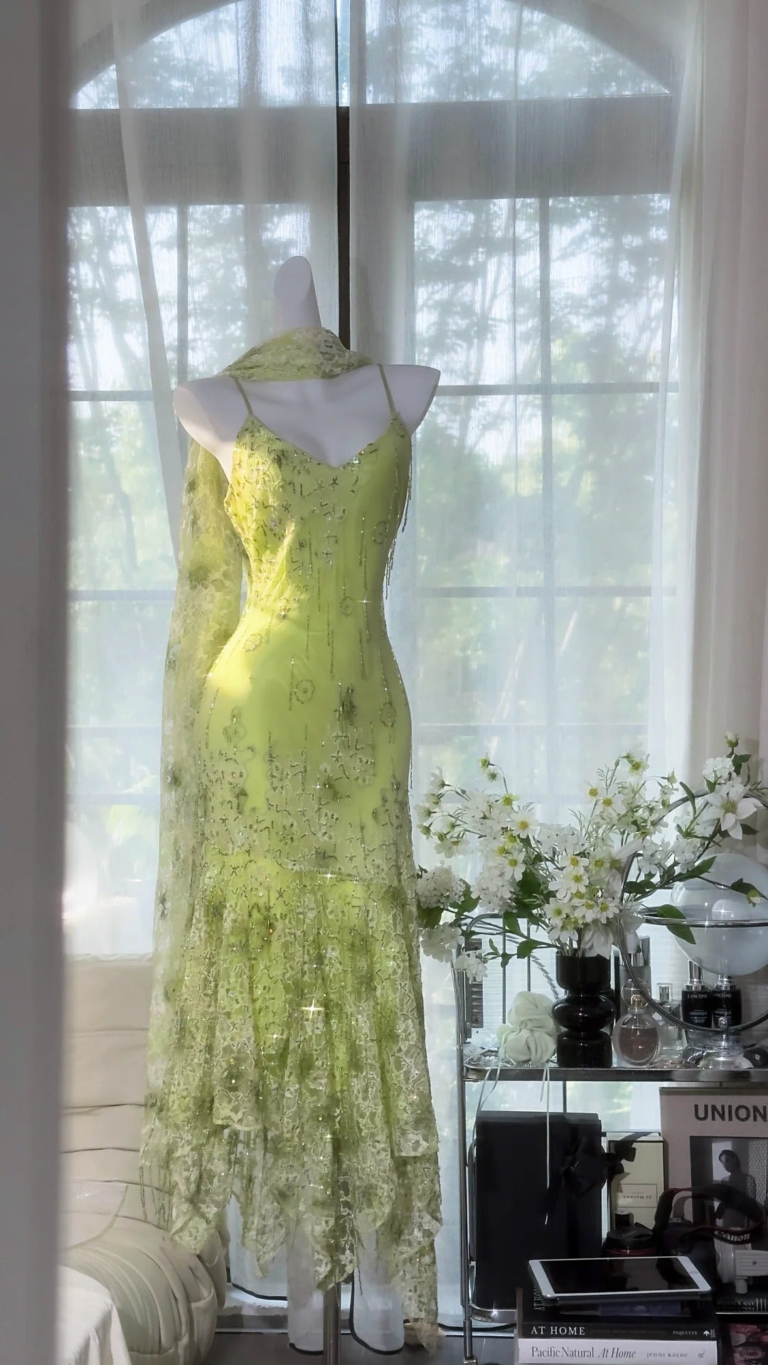 Elegantes Meerjungfrau Spaghetti-Träger Chiffon Grün Mit Schal Ärmellose Ballkleider MP966