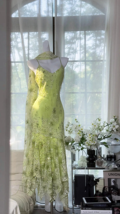 Elegantes Meerjungfrau Spaghetti-Träger Chiffon Grün Mit Schal Ärmellose Ballkleider MP966
