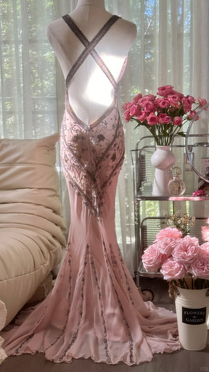 Modest Mermaid V Neck Pink Backless Chiffon Floor Length Sleeveless Formal Gown Evening Prom Dresses MP1075