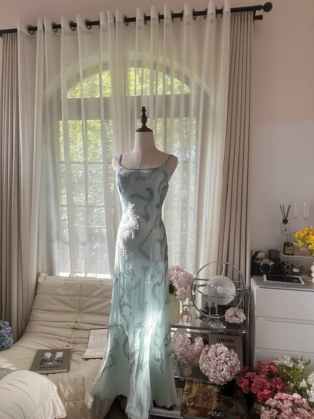 Vintage Mermaid Spaghetti Strap Light Sky Blue Chiffon With Beading Formal Gown Long Evening Prom Dresses MP1072