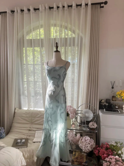 Vintage Mermaid Spaghetti Strap Light Sky Blue Chiffon With Beading Formal Gown Long Evening Prom Dresses MP1072