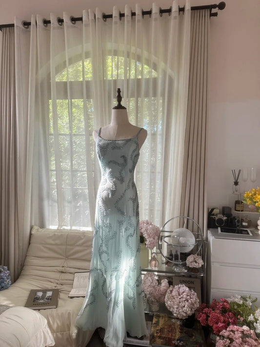 Vintage Mermaid Spaghetti Strap Light Sky Blue Chiffon With Beading Formal Gown Long Evening Prom Dresses MP1072