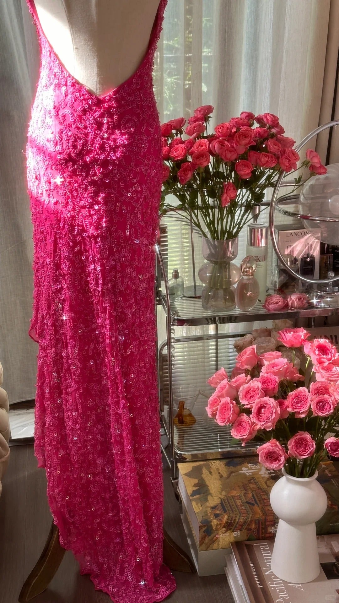 Robes de bal sans manches à paillettes rose vif, licou sirène scintillante, tenues de soirée MP1110