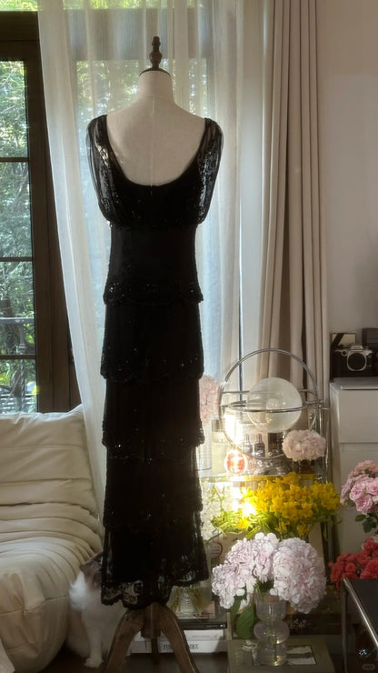 Modest Sheath V Neck Black Tie Dress Chiffon Floor Length Sleeveless Formal Gown Evening Prom Dresses MP1071