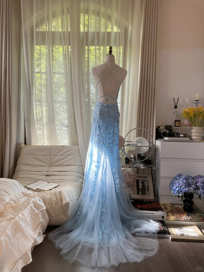 Vintage Mermaid Spaghetti Strap Light Sky Blue Backless Lace Formal Gown Long Evening Night Prom Dresses MP1067