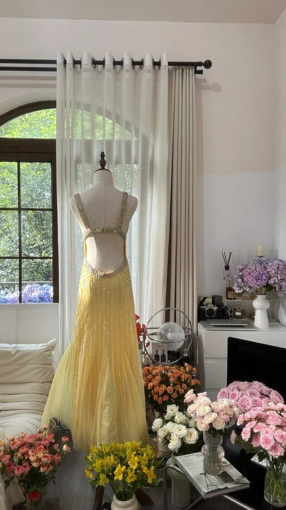 Vintage Meerjungfrau Sweetheart Gelb Rückenfrei Chiffon mit Perlen Abendkleid Lang Ballkleid MP1073
