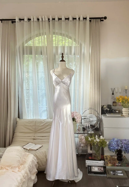 Robe de soirée longue Modest Mermaid, dos nu, en satin blanc, bretelles spaghetti, sans manches, MP1076