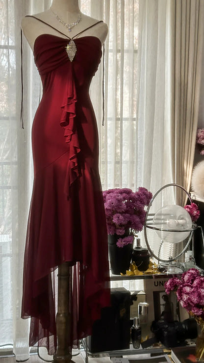 Trendy Mermaid Sweetheart Burgundy Sleeveless Formal Outfits Tea Length Prom Dresses M5P1109